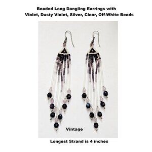 Beaded Long Dangling Earrings - Violet, Dusty Violet, White, Silver, Clear Beads